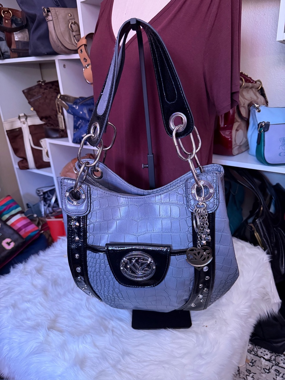 Kathy Van Zeeland Gray Croc-Embossed Shoulder Bag with Black Trim